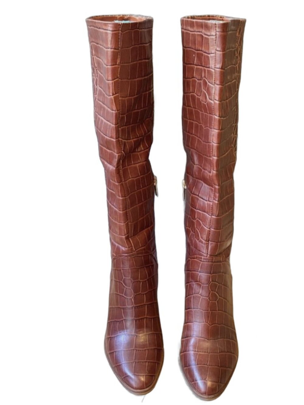 Vince Camuto Cognac Leather Croc Block Heel Boots